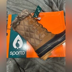 Sporto Waterproof Leather Lace-Up Duck Boot Zipper 6 M NEW Tan/navy Fur nib